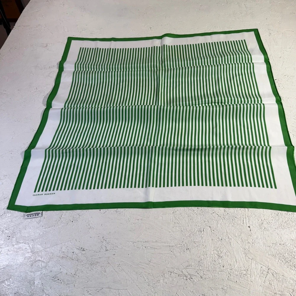 Manner Market Silk Scarf Green White Striped Square Neckerchief